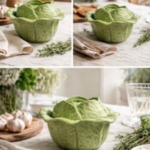 VTG Holland Mold Cabbage Ceramic Lidded Bowl Majolica Style Lettuce Leaf 5x6
